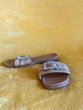 Sparkle Buckle Tan Slide Sandals